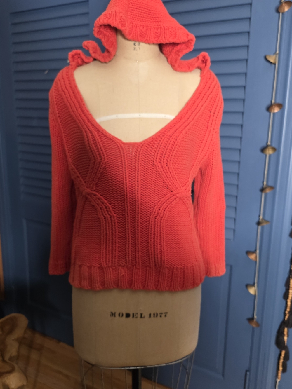 pop Red Off-Shoulder Hooded Knit Sweater